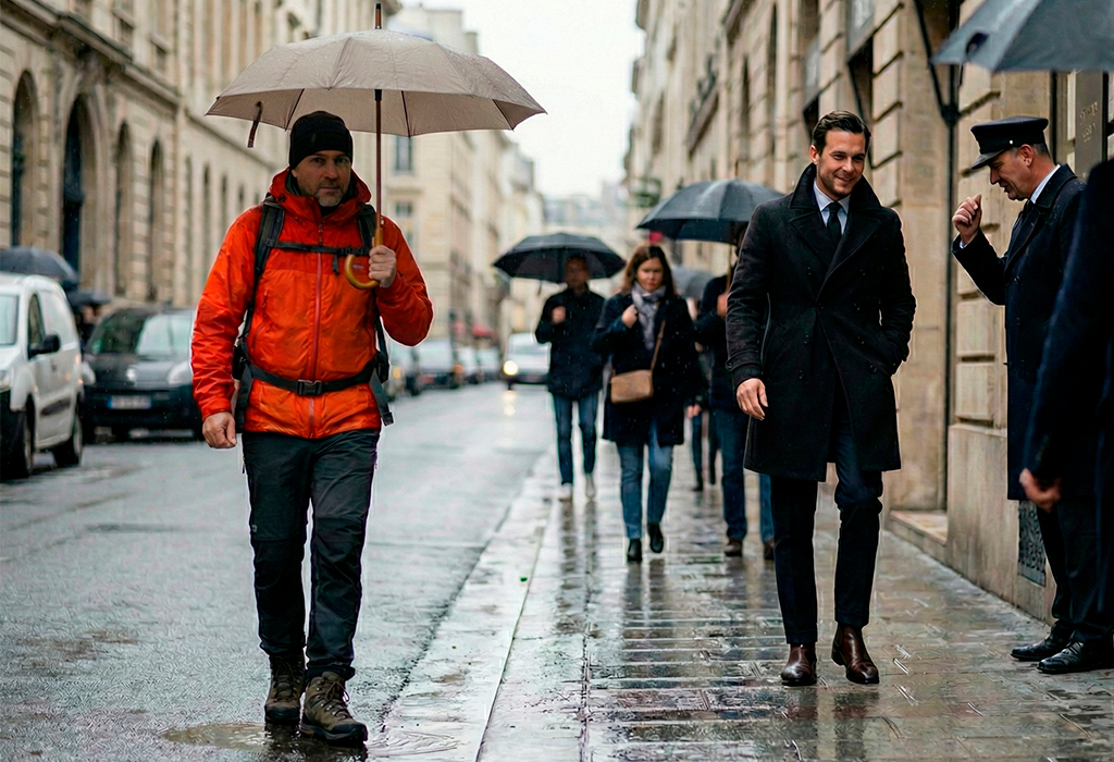 Comparison of a man in a bright hiking shell jacket and another in a tailored dark overcoat walking in the rain, illustrating how to look sharp in cold weather without dressing like a hiker.