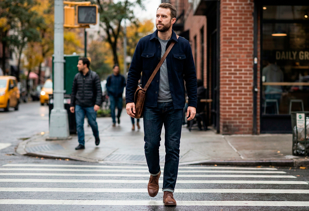 Adult man wearing fitted jacket, dark jeans, and leather boots walking confidently through a city crosswalk