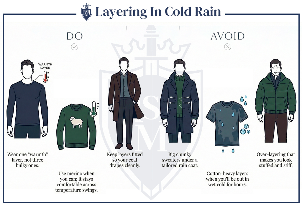 Infographic explaining how to layer properly in cold rain using fitted merino sweaters under tailored coats and avoiding bulky or cotton-heavy layers.