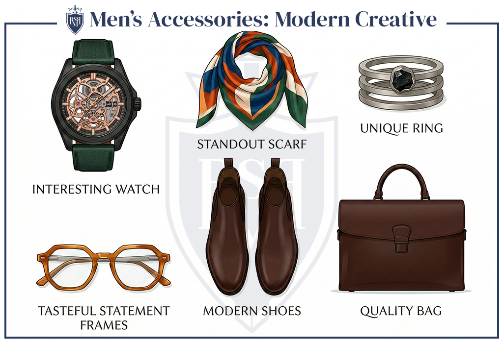 Infographic of modern creative men’s accessories showing an interesting watch, standout scarf, unique ring, statement frames, modern shoes, and a structured briefcase.