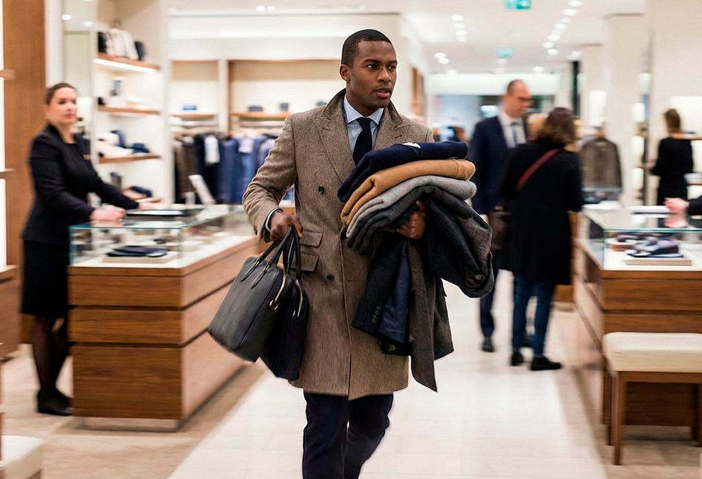 Man carrying several coats and shopping bags in a menswear store, illustrating impulse buying too many pieces without a plan.
