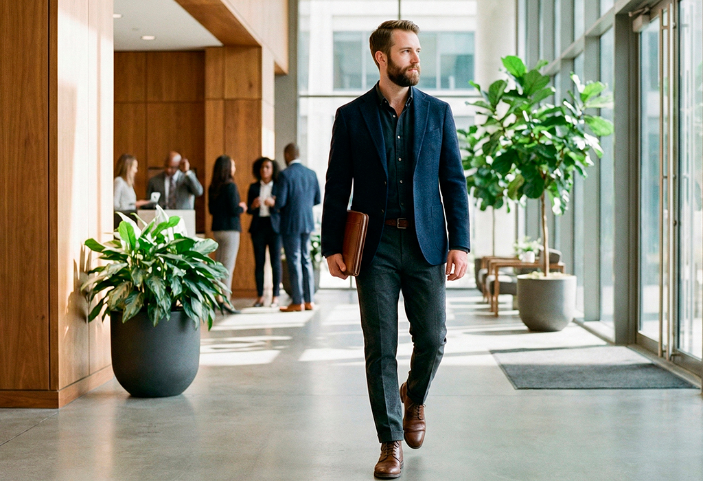 Well-dressed adult man in blazer and dark trousers walking through office lobby showing intentional professional style