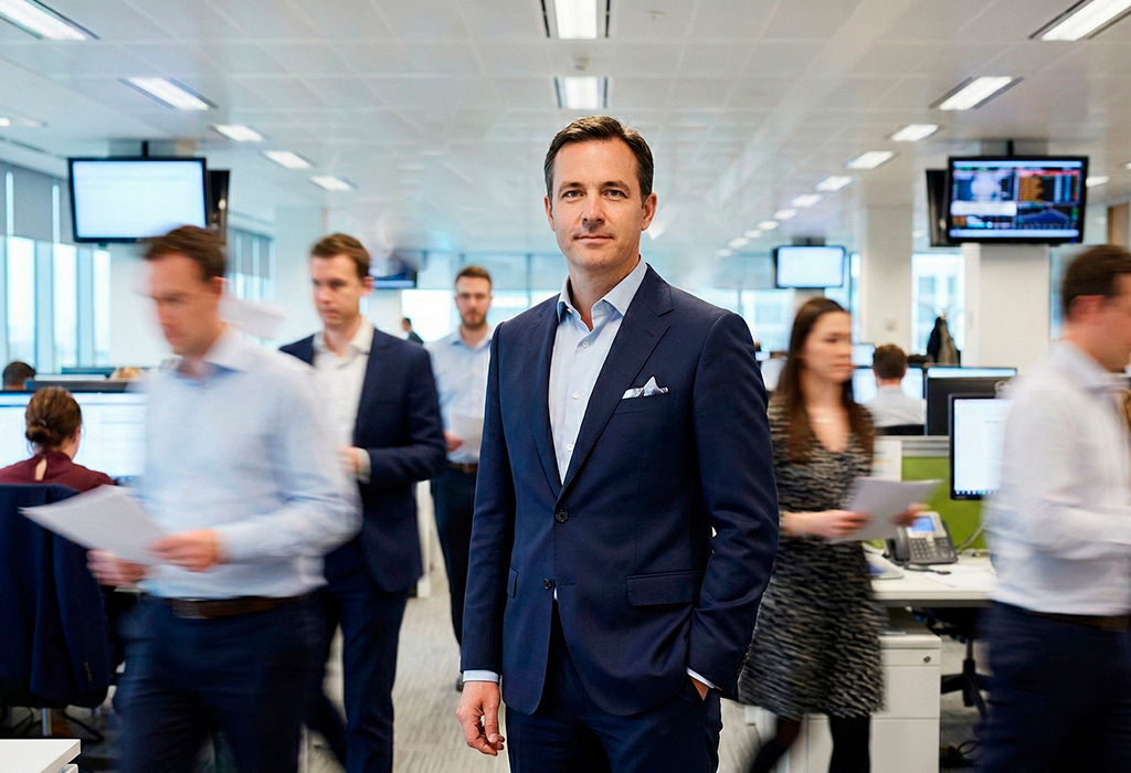 Confident man in a navy suit standing calmly in a busy office while coworkers move around him, illustrating how sharp style and composed posture create authority before speaking.