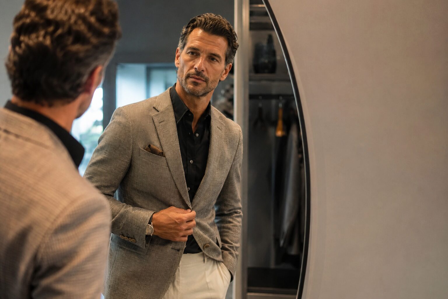 Stylish man in patterned blazer checks jacket fit in mirror before going out.