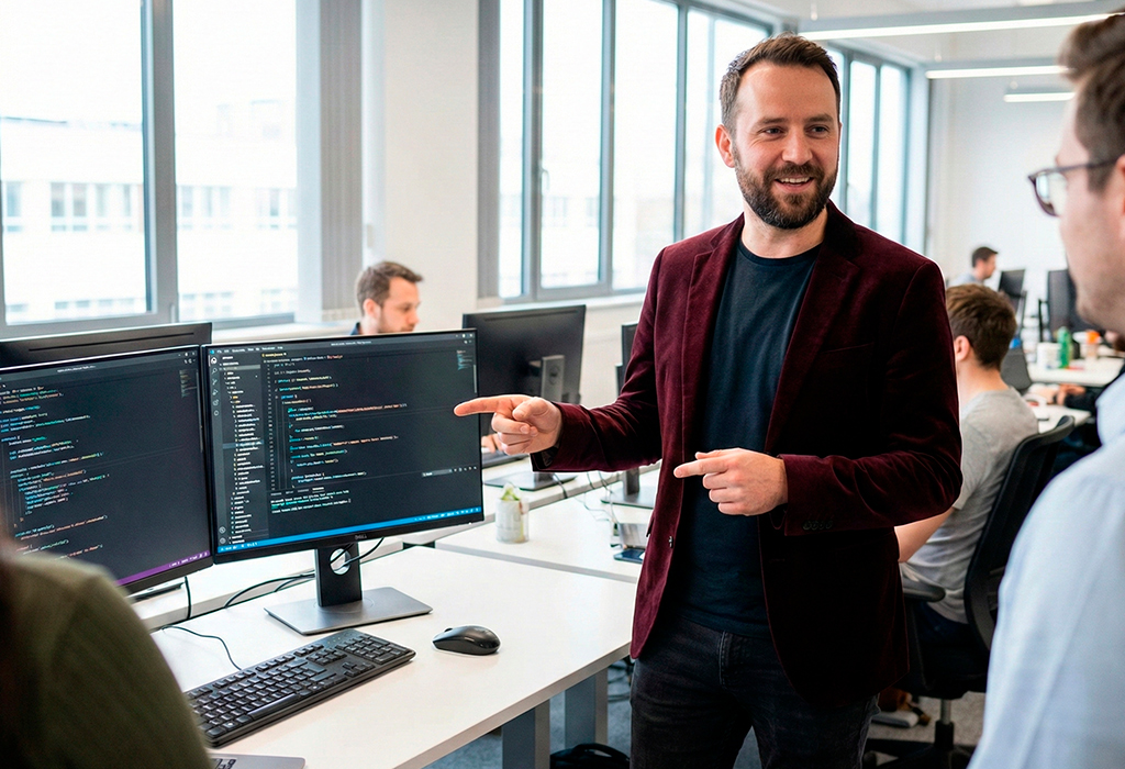 Man in a burgundy blazer in an office, highlighting the value of building a reliable, work-appropriate outfit formula before buying trend pieces.