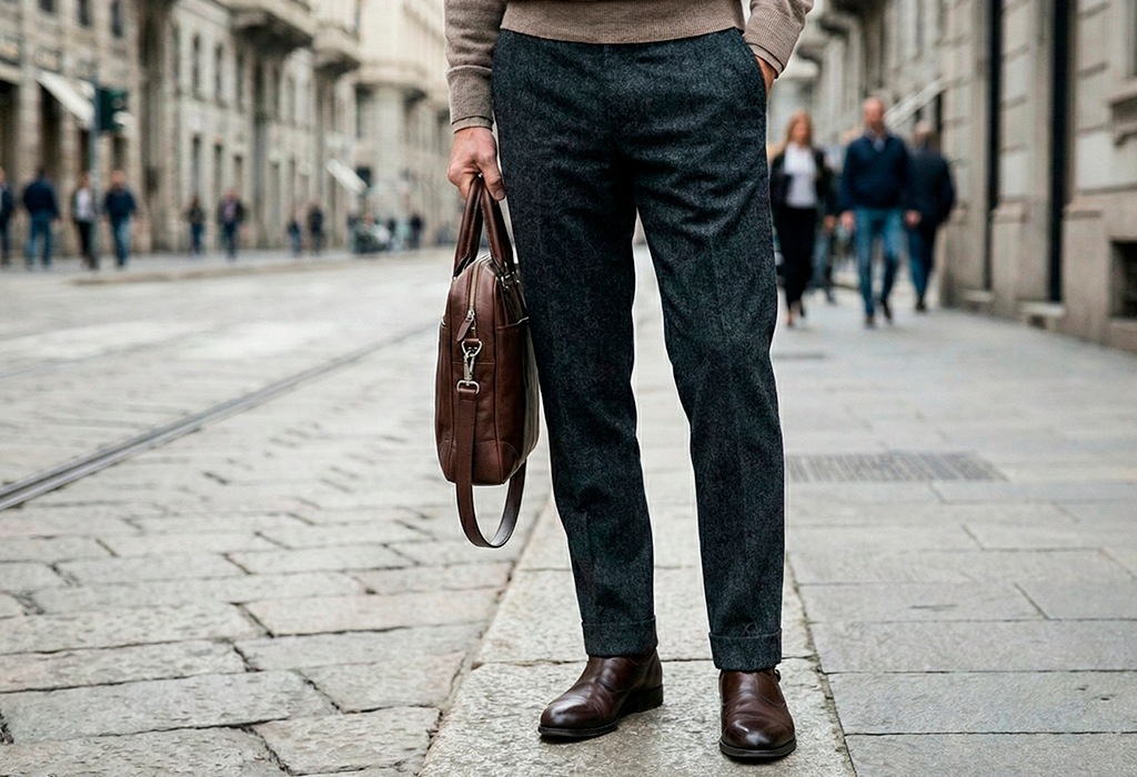 Close-up street style photo of a man wearing dark charcoal wool trousers with a gray knit sweater, brown leather dress shoes, and carrying a brown leather briefcase on a city sidewalk.