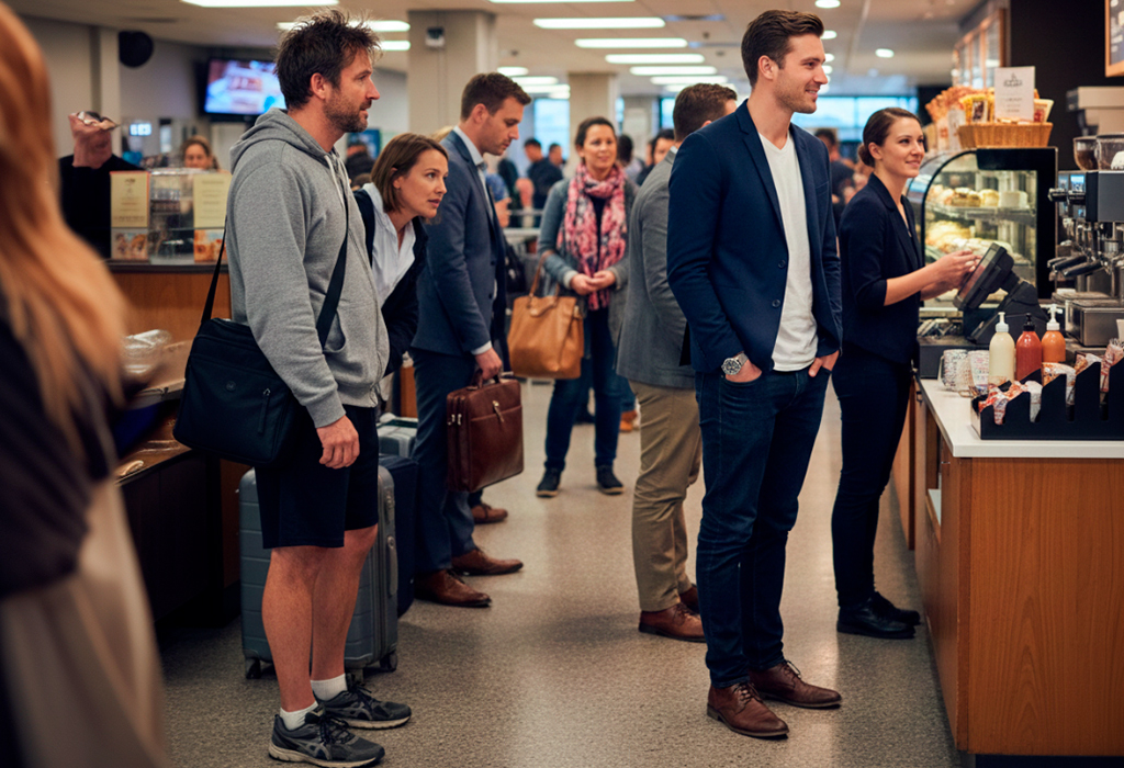 Well-dressed man in a blazer standing confidently at an airport coffee shop beside a casually dressed traveler in shorts and hoodie, highlighting how personal style influences first impressions.