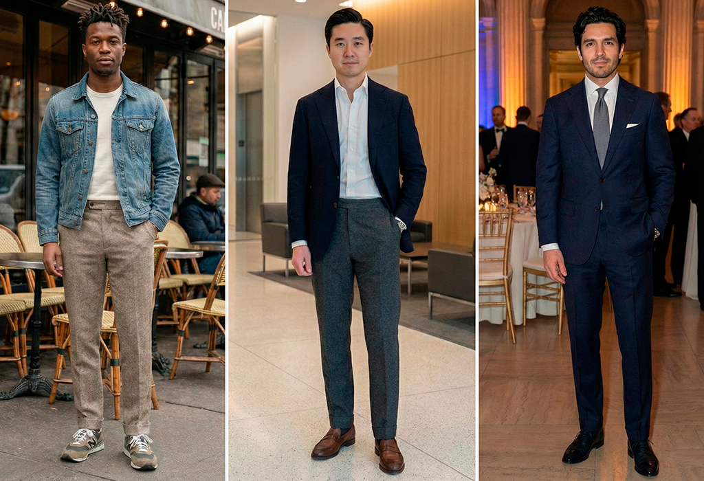 Three-panel outfit collage showing wool trousers styled for different occasions—casual look with denim jacket and sneakers, smart casual with navy blazer and brown loafers, and formal navy suit with tie at an event.