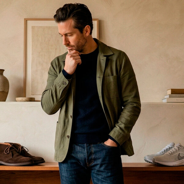 Man in smart-casual outfit (olive jacket, dark sweater, jeans) standing indoors with brown suede chukka boots and clean light sneakers displayedโshoe choices for men in their 30s.