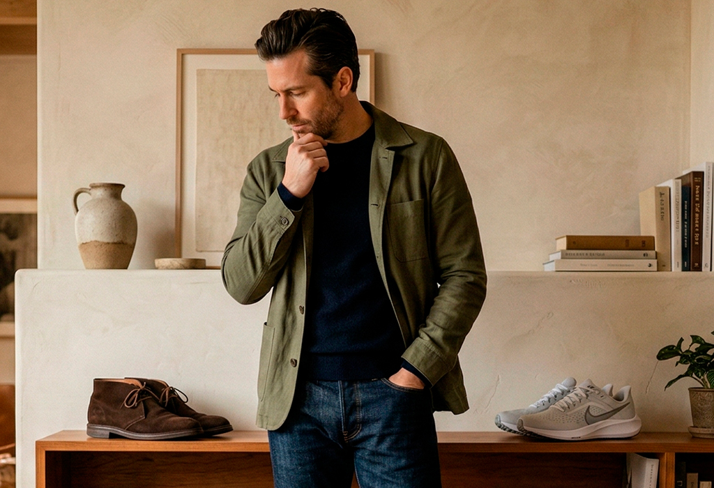 Man in smart-casual outfit (olive jacket, dark sweater, jeans) standing indoors with brown suede chukka boots and clean light sneakers displayed—shoe choices for men in their 30s.