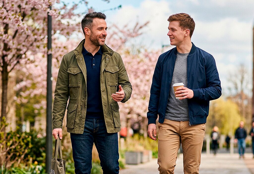 Two men walking in lightweight spring jackets, showing versatile casual layering for mild weather.