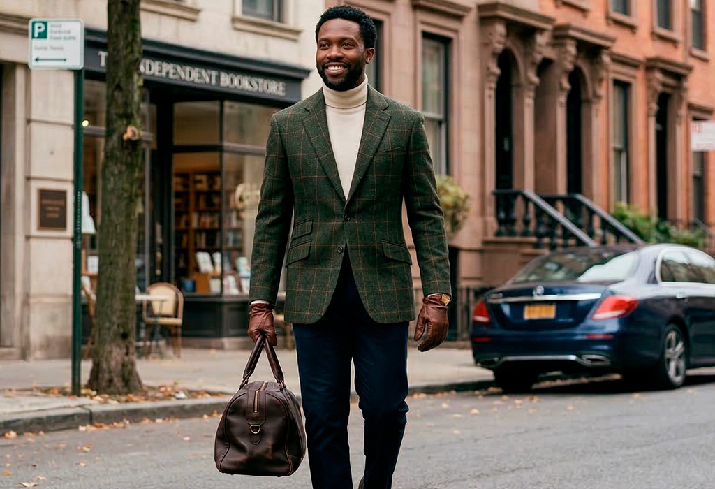 Man wearing turtleneck, checked blazer, gloves, and duffel bag in refined old money style.