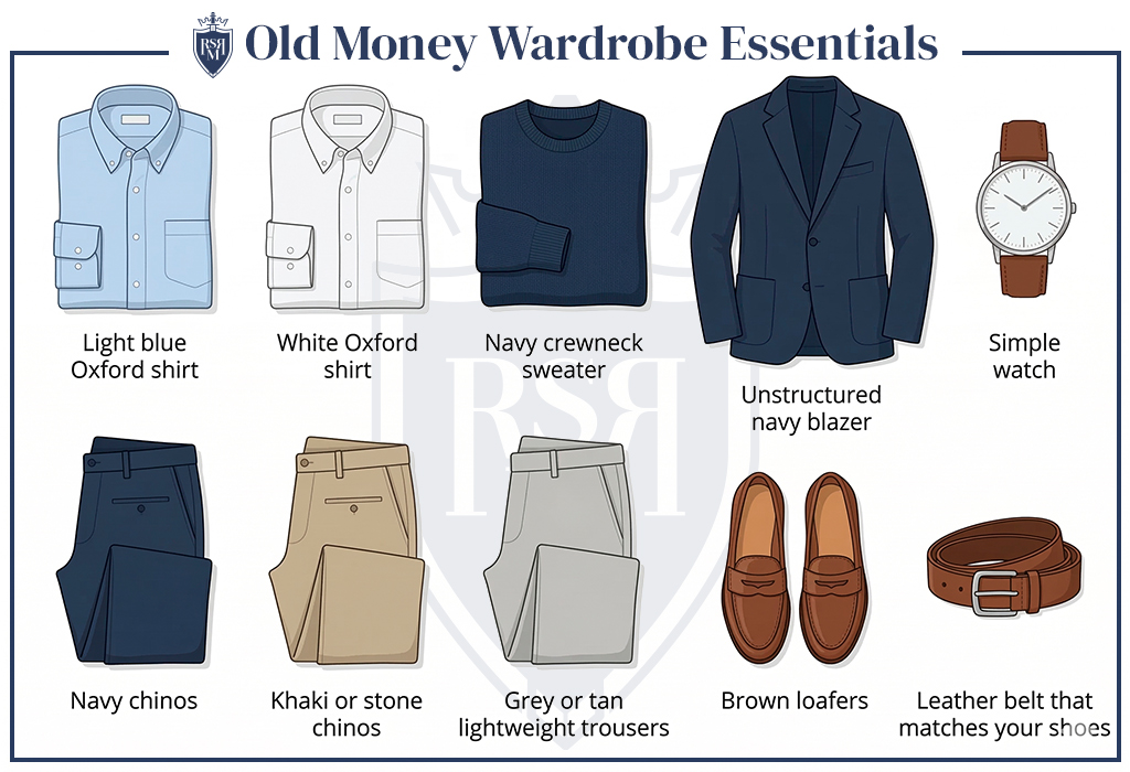 Old money wardrobe essentials infographic showing classic shirts, blazer, chinos, loafers, watch, and belt.