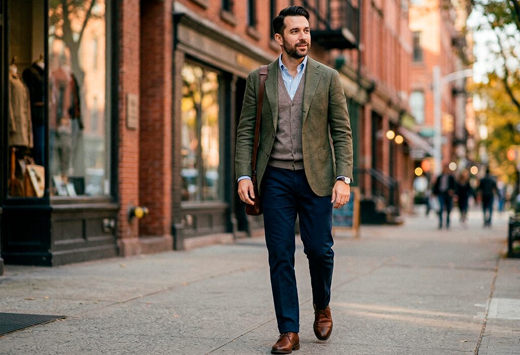 Man wearing relaxed spring tailoring with olive blazer, knit vest, blue shirt, and trousers.