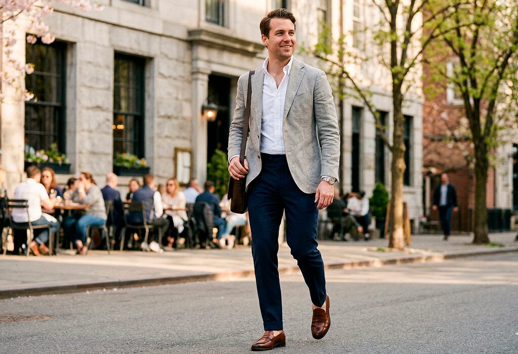 Man wearing light grey blazer, white shirt, navy trousers, and loafers for spring