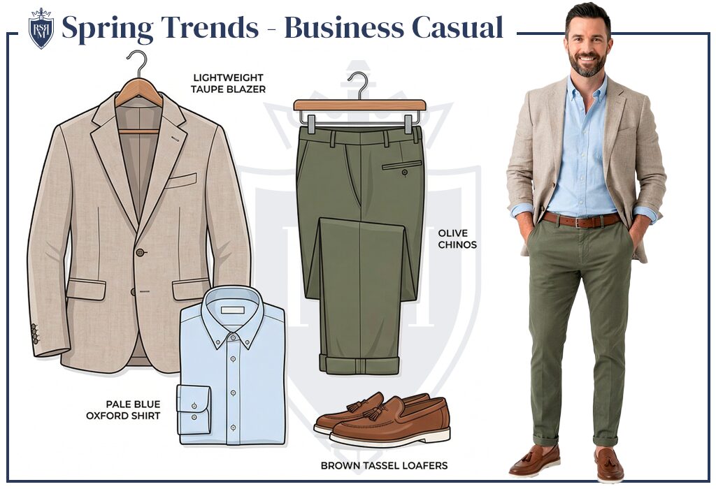 Business casual spring outfit board with taupe blazer, olive chinos, blue shirt, and loafers.