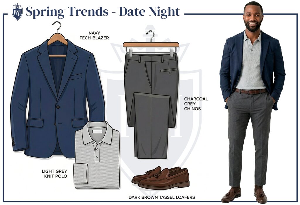 Date night spring outfit board with navy blazer, grey polo, charcoal chinos, and loafers.