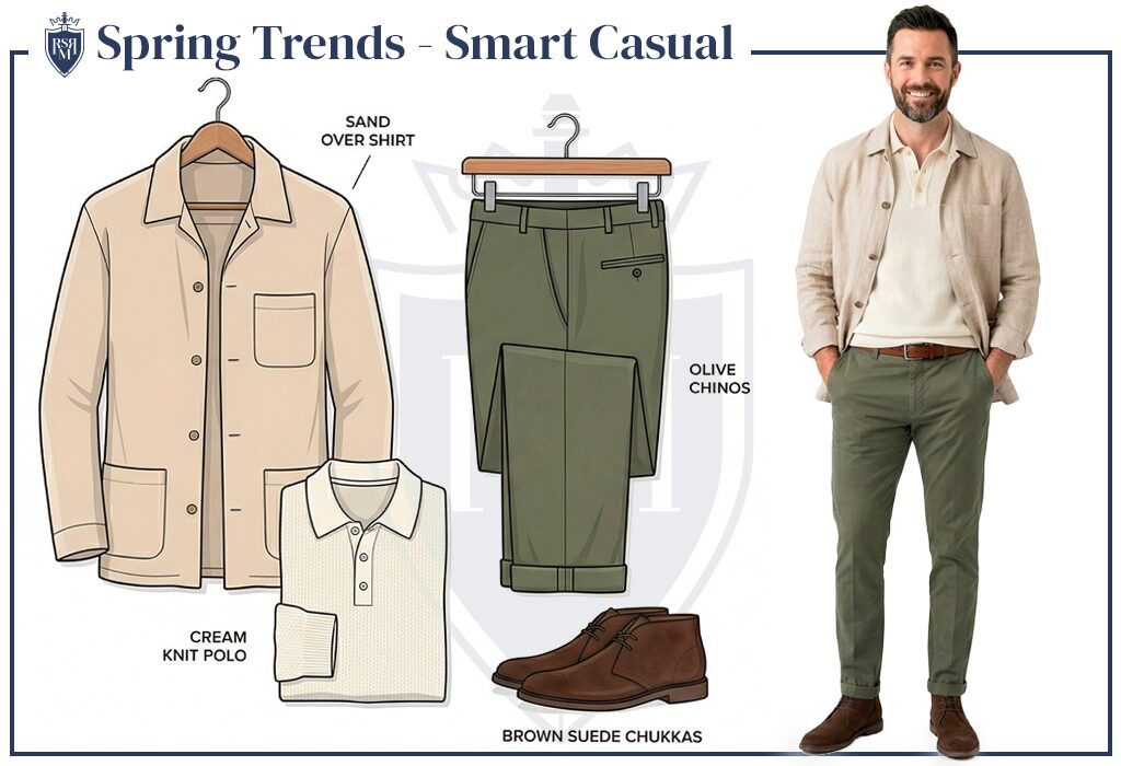 Smart casual spring outfit board with sand overshirt, cream polo, olive chinos, and chukkas.