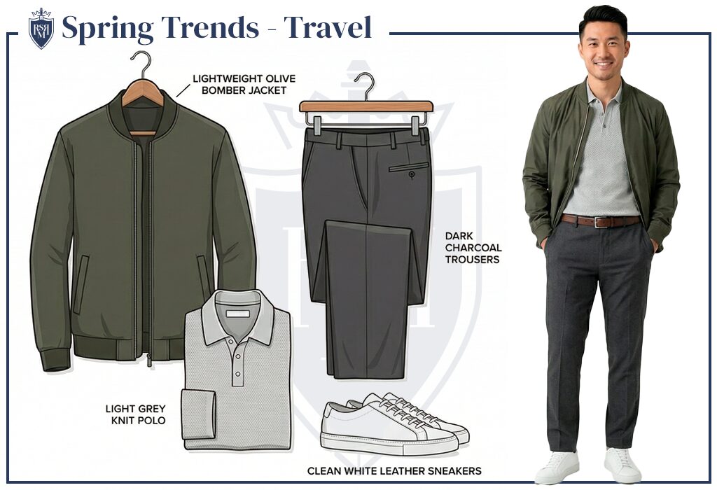 Spring travel outfit board with olive bomber, grey polo, charcoal trousers, and white sneakers.
