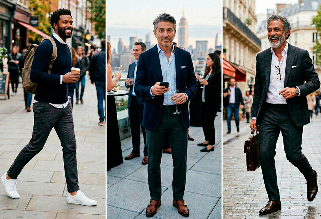 Three well-dressed men in their 30s, 40s, and 50s wearing age-appropriate shoes—white minimal sneakers, brown leather dress shoes, and dark leather loafers/oxfords