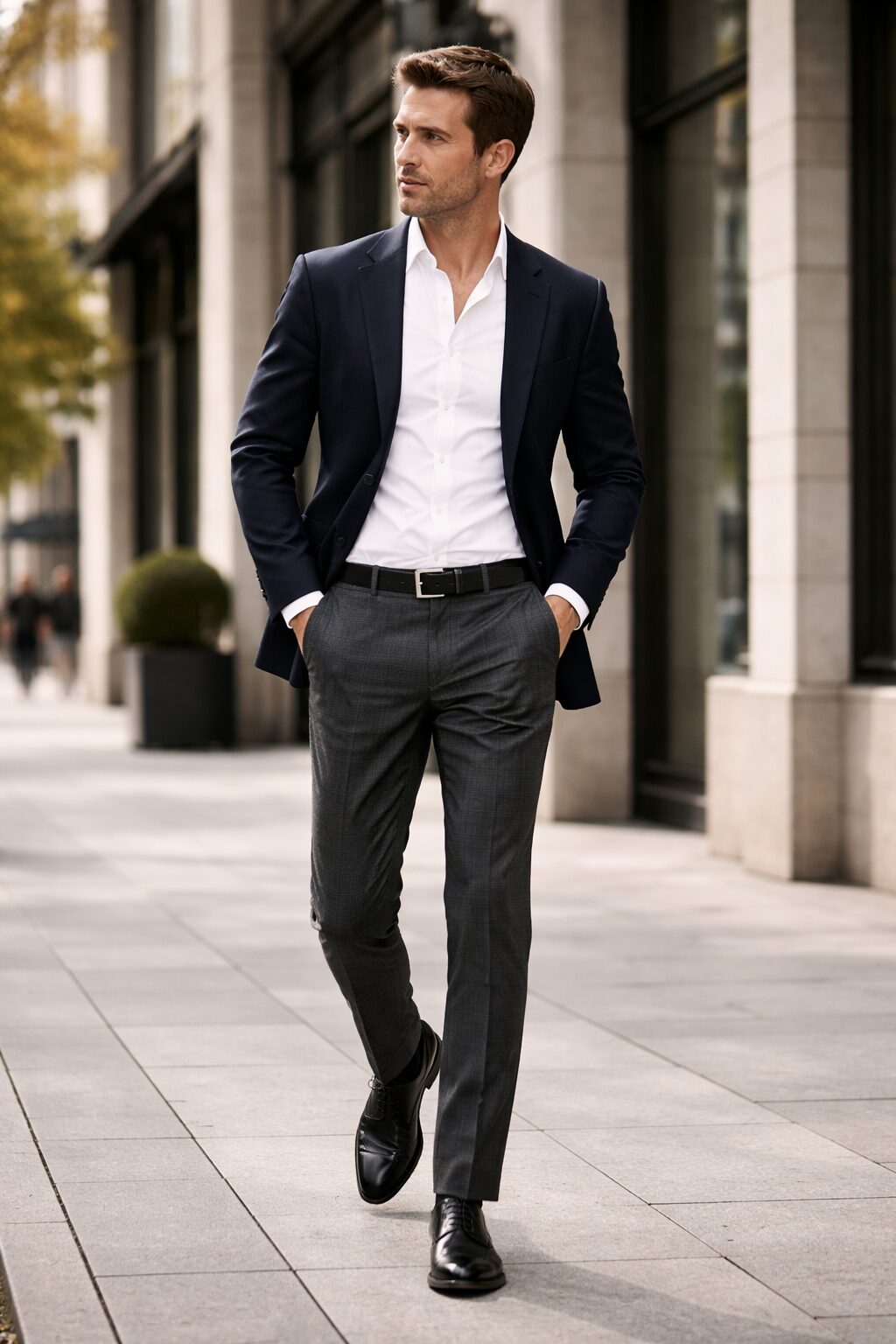 charcoal flannel trousers, white Oxford shirt, navy blazer, black cap-toe oxfords