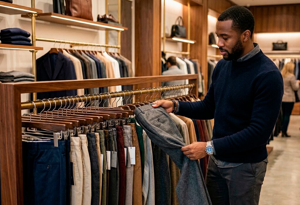 Man in menswear store comparing trouser colors while shopping for versatile wardrobe staples