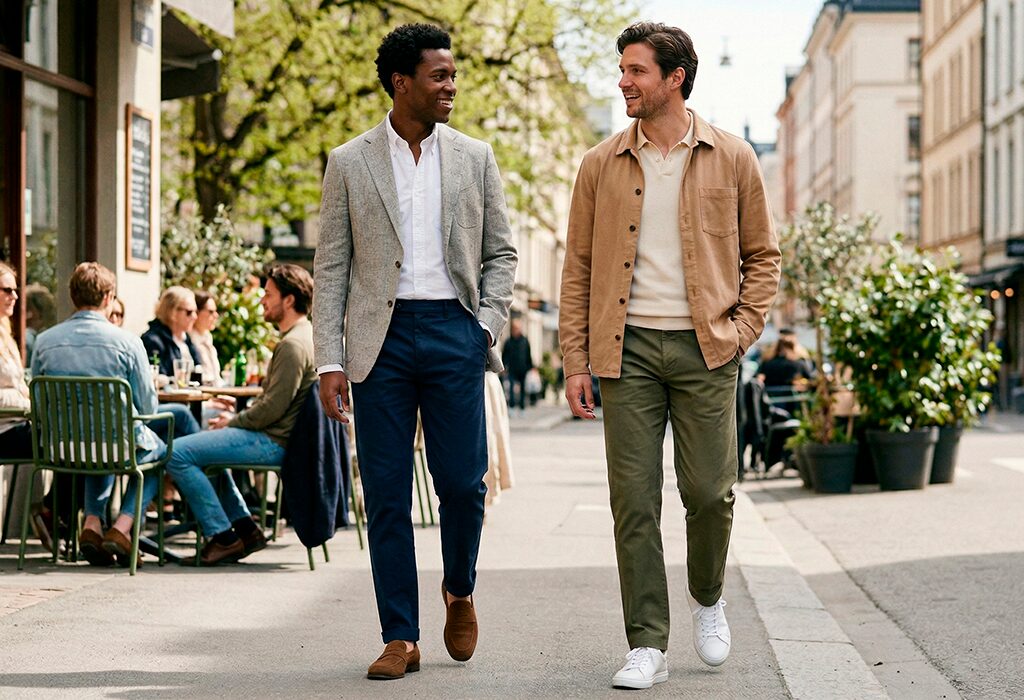 Two men wearing modern spring outfits that use trends subtly