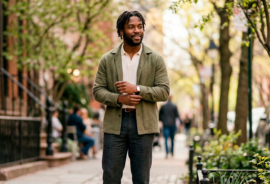 Man walking outdoors in earth-tone spring outfit with olive jacket, henley, and light trousers.