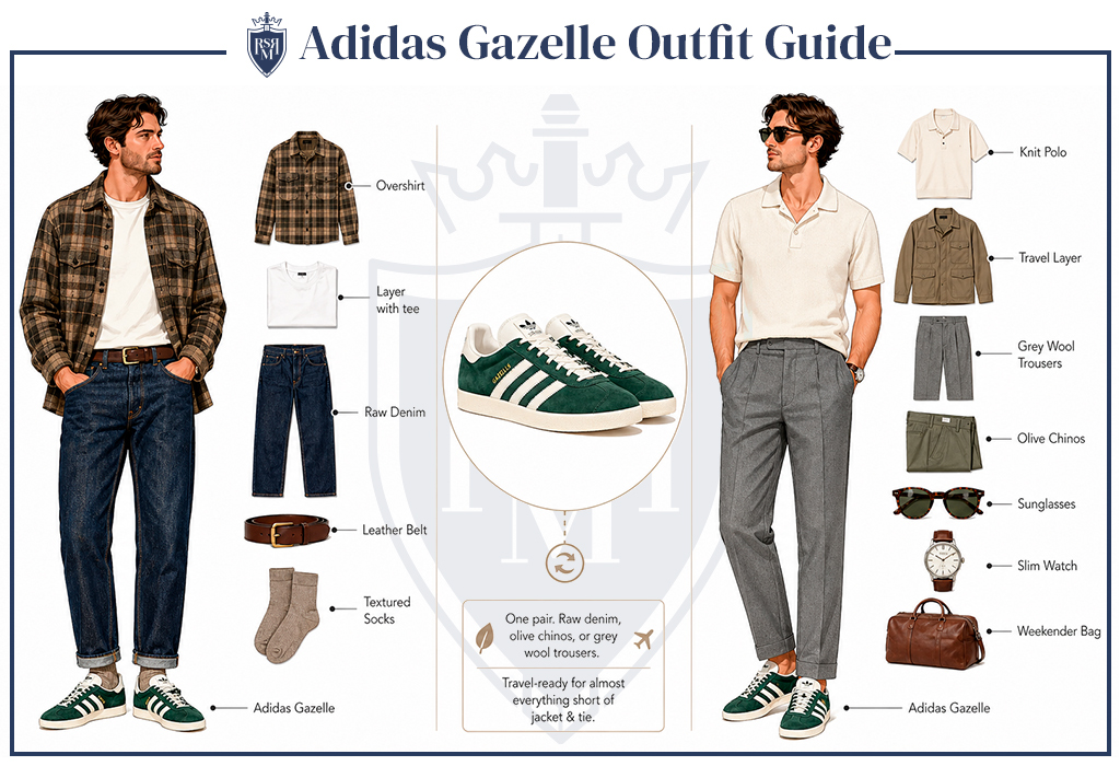 Style guide illustrating two casual looks paired with the iconic green Adidas Gazelle sneaker.