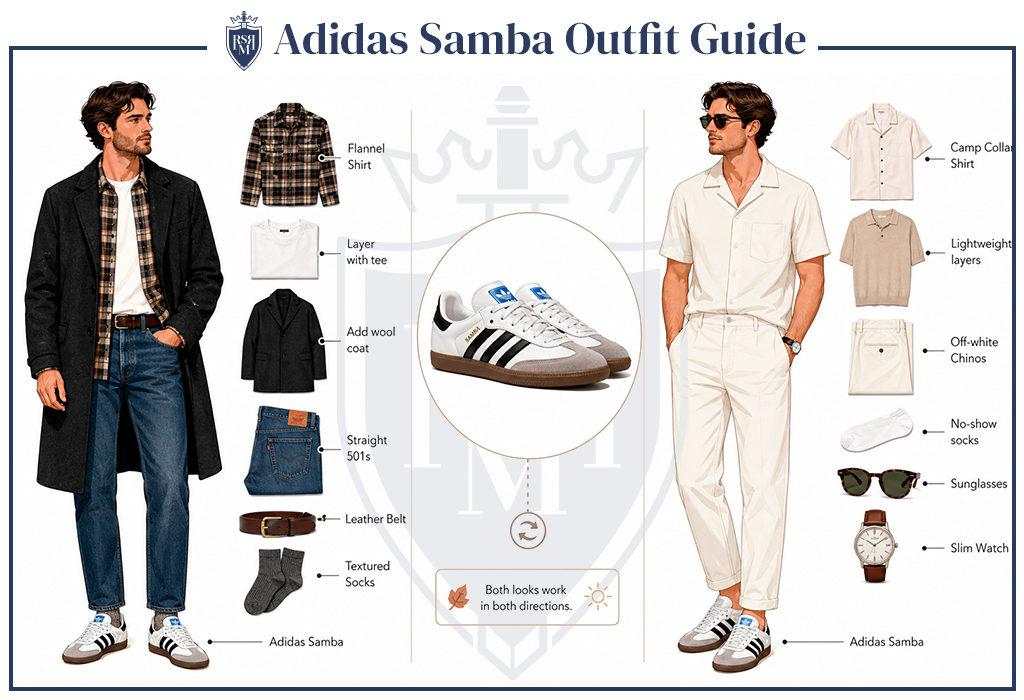Guide showing outfit ideas for dressing up the versatile black Adidas Samba sneaker.