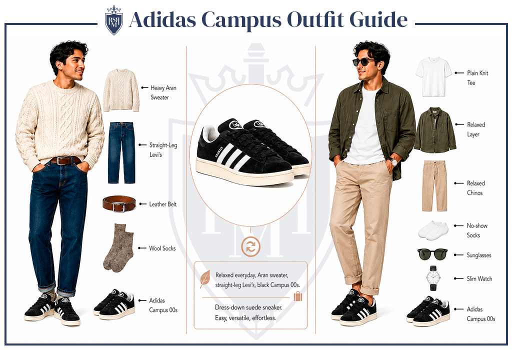 Outfit guide featuring a man wearing the casual black Adidas Campus 00s sneaker.