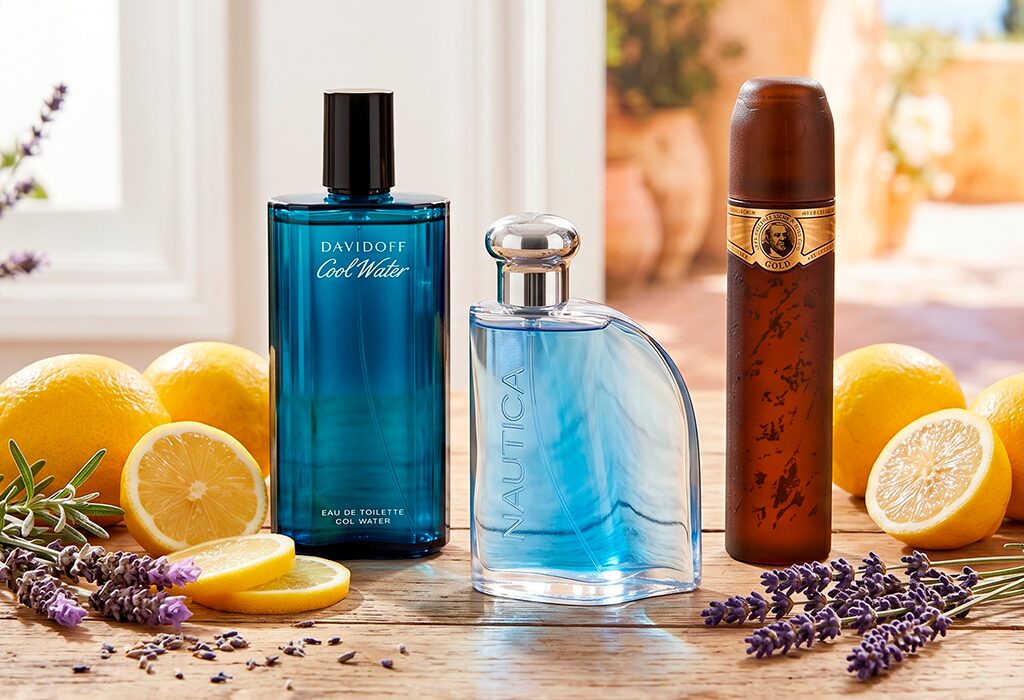 Affordable men's fragrances with citrus and herbal notes, featuring Davidoff Cool Water and Nautica bottles on a sunlit wooden table with lemons and lavender.