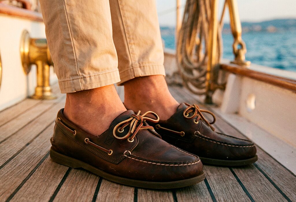 Brown leather boat shoes worn sockless with khaki trousers on yacht deck at sunset