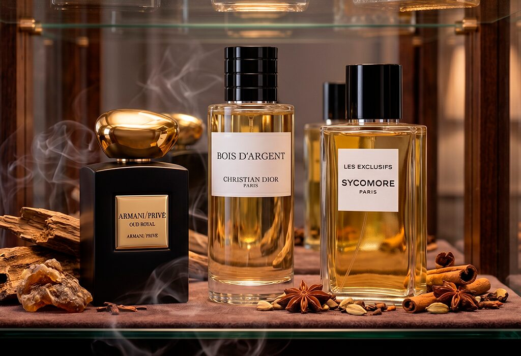 Exclusive luxury fragrance bottles with smoky oud and woody spice styling, featuring premium scents displayed in an elegant cabinet setting.