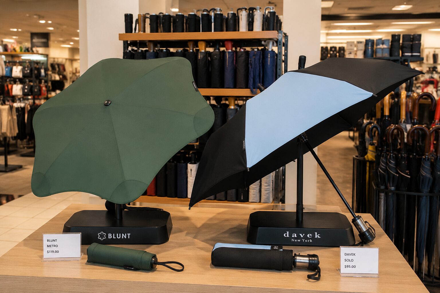 Retail display comparing Blunt Metro and Davek Solo compact umbrellas in a well-stocked store.