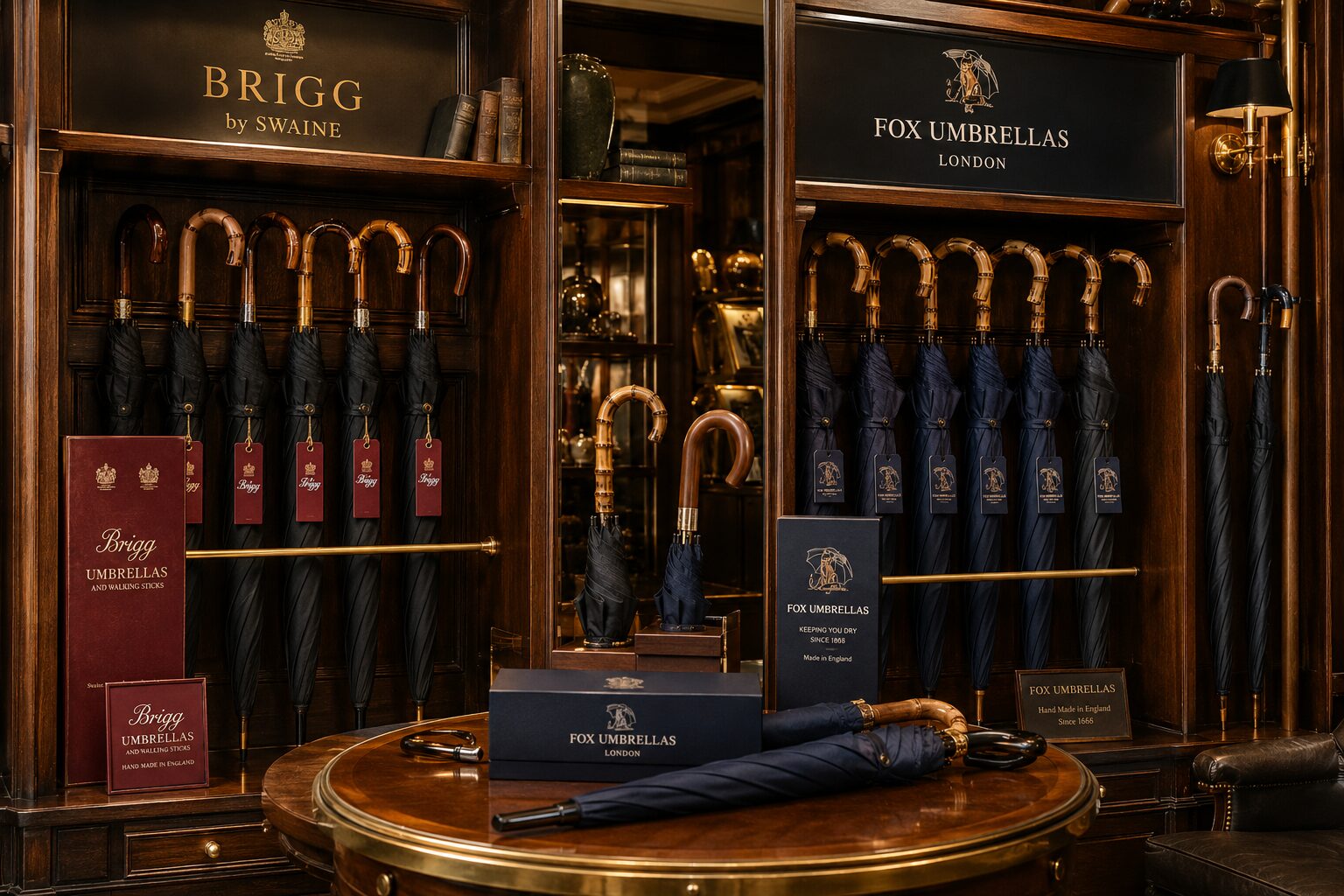 Luxury wooden umbrella display featuring Brigg by Swaine and Fox Umbrellas London models.