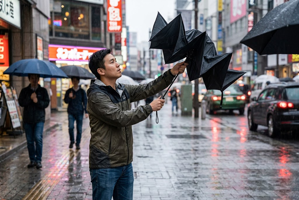 Asian man opens a compact folding umbrella during heavy rain on a city street.