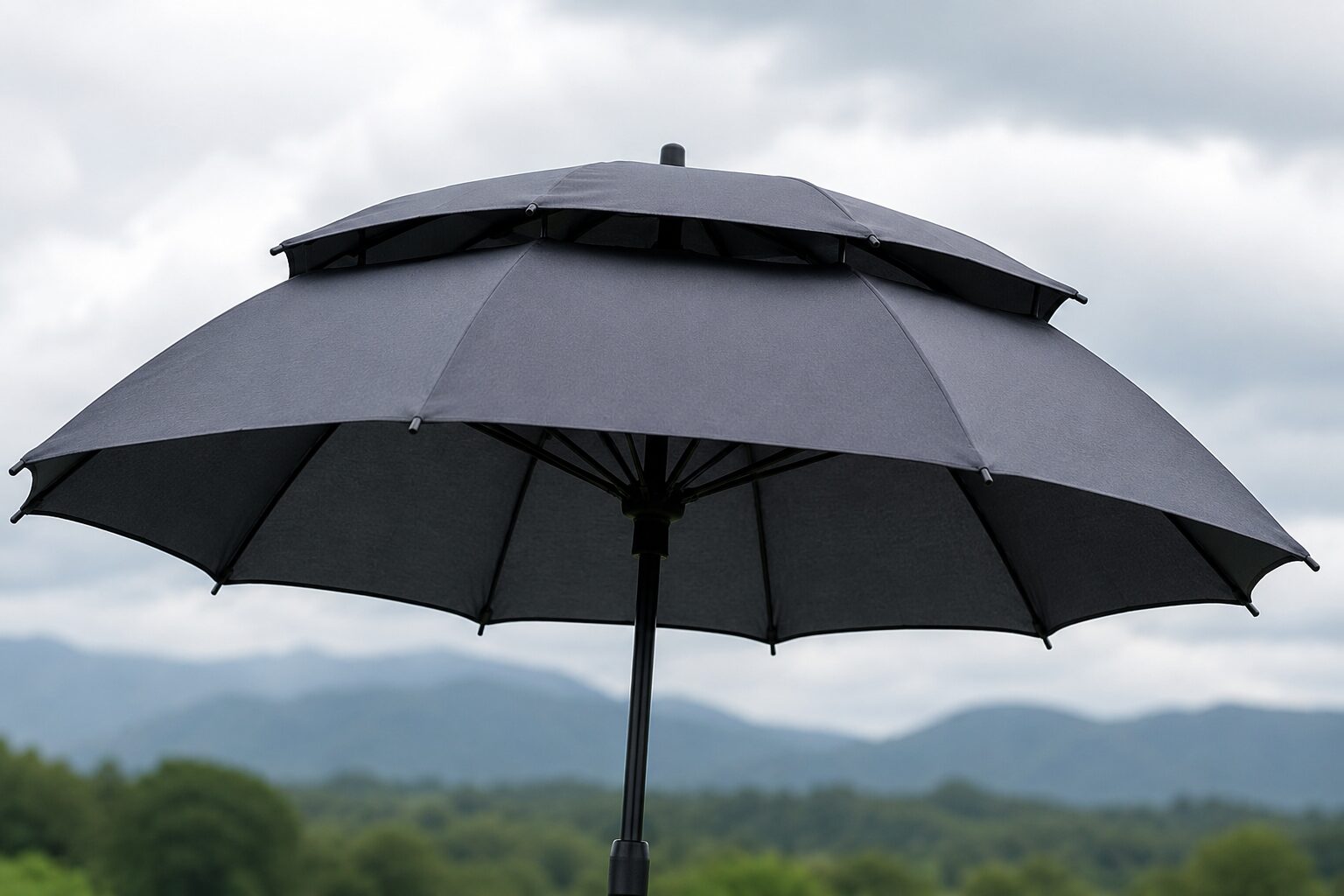 Close-up of a black double canopy umbrella showing vented wind-resistant construction outdoors.