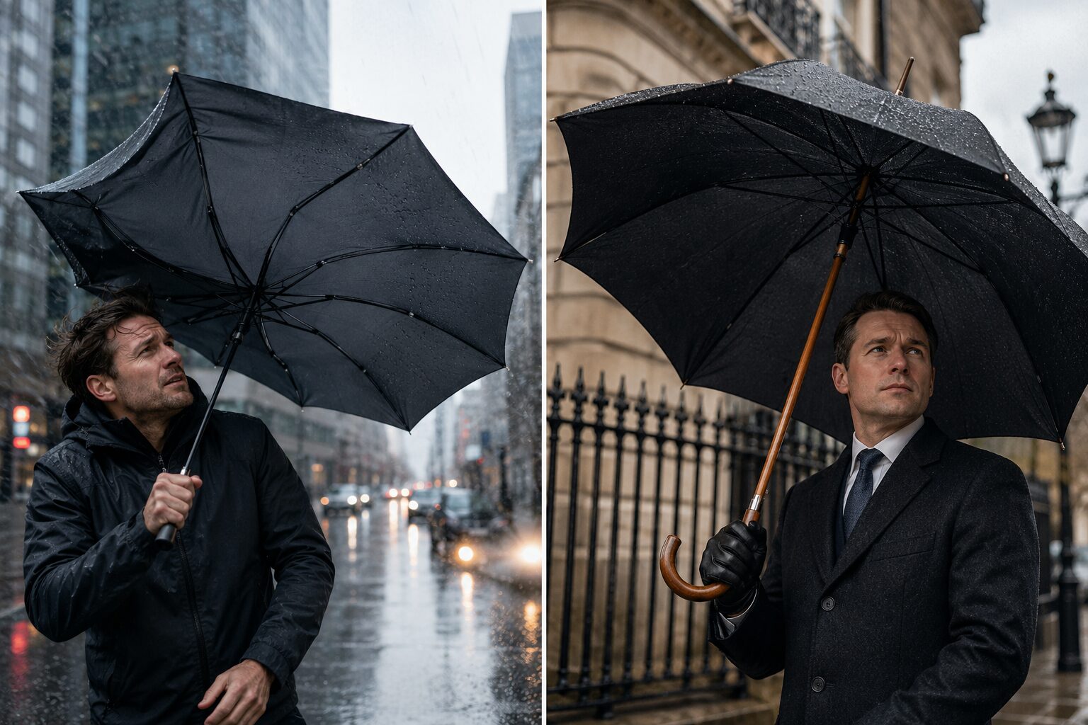Side-by-side comparison of a wind-damaged umbrella and sturdy classic umbrella in heavy rain.