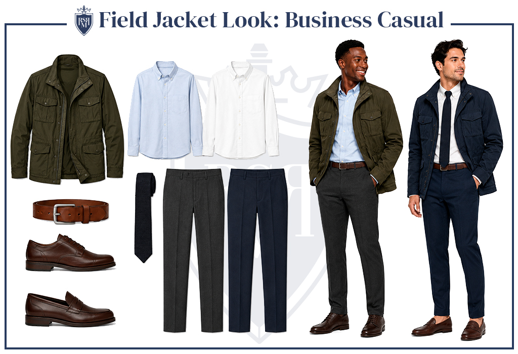 Men wearing fitted field jackets with dark sweaters, slim jeans, leather boots, and watches.
