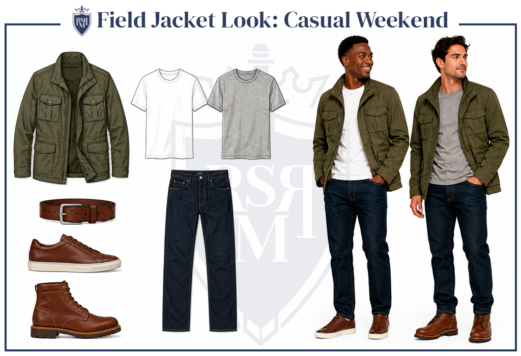 Men wearing olive field jackets with simple T-shirts, dark jeans, sneakers, and rugged boots.
