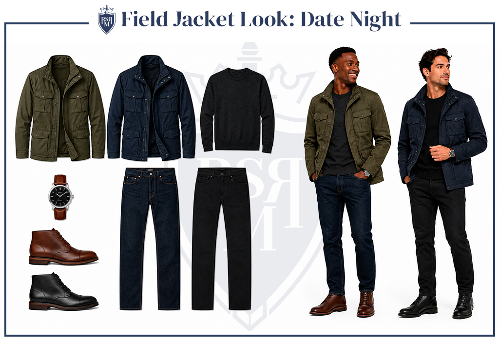 Men wearing fitted field jackets with dark sweaters, slim jeans, leather boots, and watches.