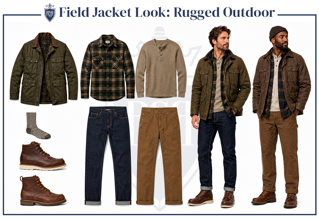 Men wearing rugged field jackets with flannel shirts, henleys, work pants, boots, and beanies.