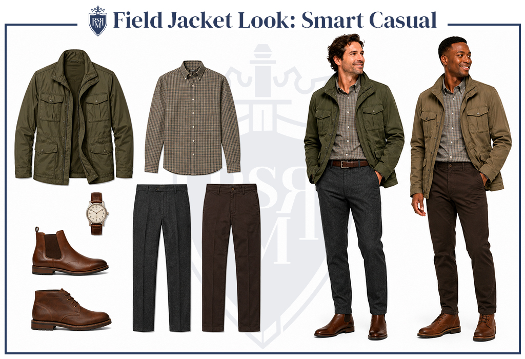Men wearing olive field jackets with button-down shirts, dress pants, brown boots, and watches.