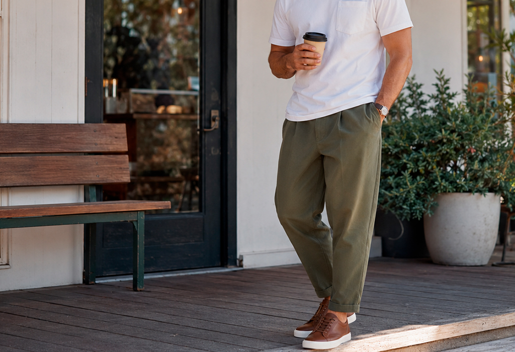 Man standing outdoors wearing fuller-cut chinos, brown shoes, and a polo shirt, exuding casual elegance
