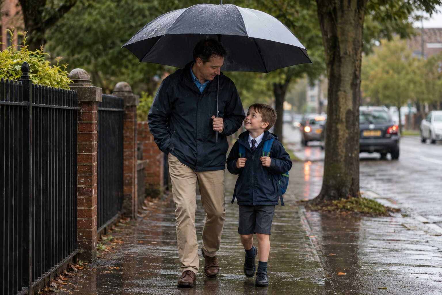 Father and son walk under a large golf umbrella on a rainy sidewalk.