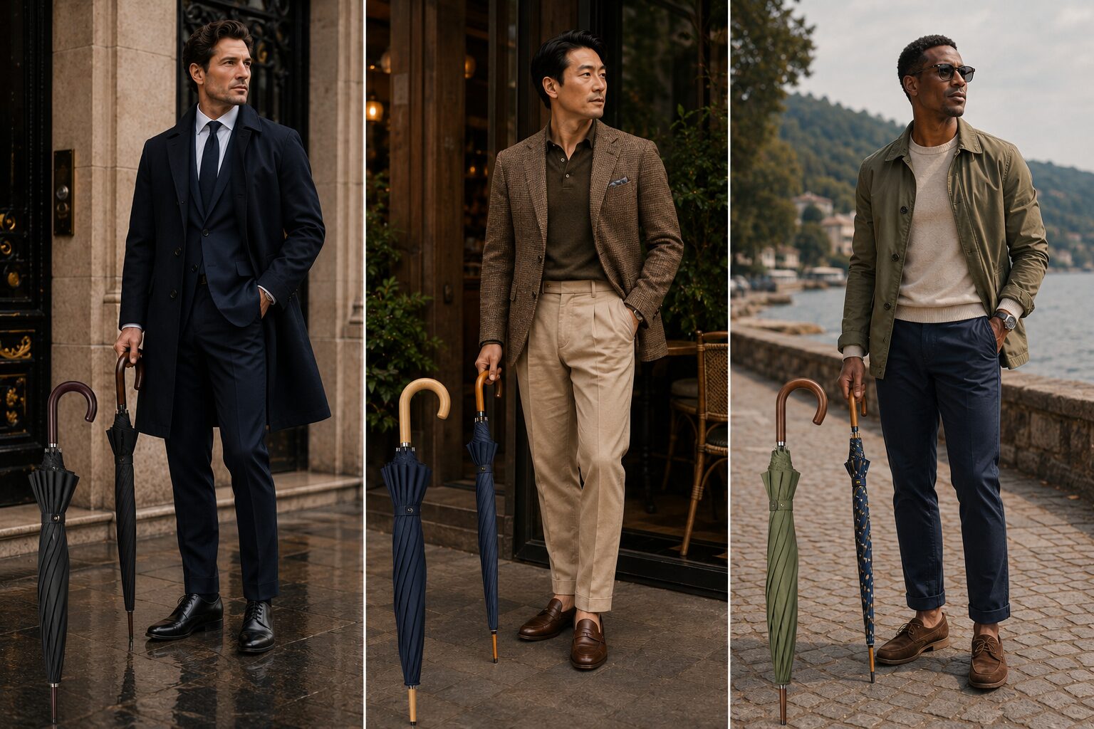 hree stylish men match classic umbrellas to formal, tailored, and casual outfits.