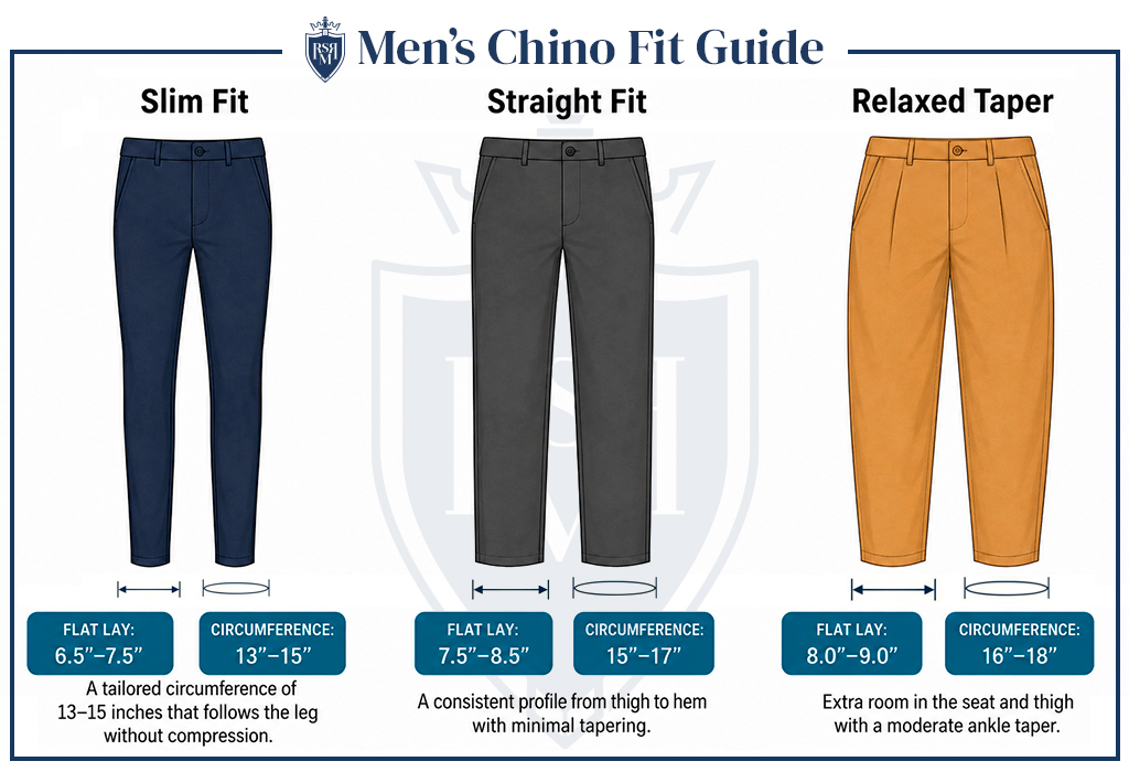 Infographic showing three chino fits: Slim Fit (6.5"-7.5" flat lay, 13"-15" circumference), Straight Fit (7.5"-8.5" flat lay, 15"-17" circumference), and Relaxed Taper (8.0"-9.0" flat lay, 16"-18" circumference), with a visual comparison of each fit's leg shape and measurements