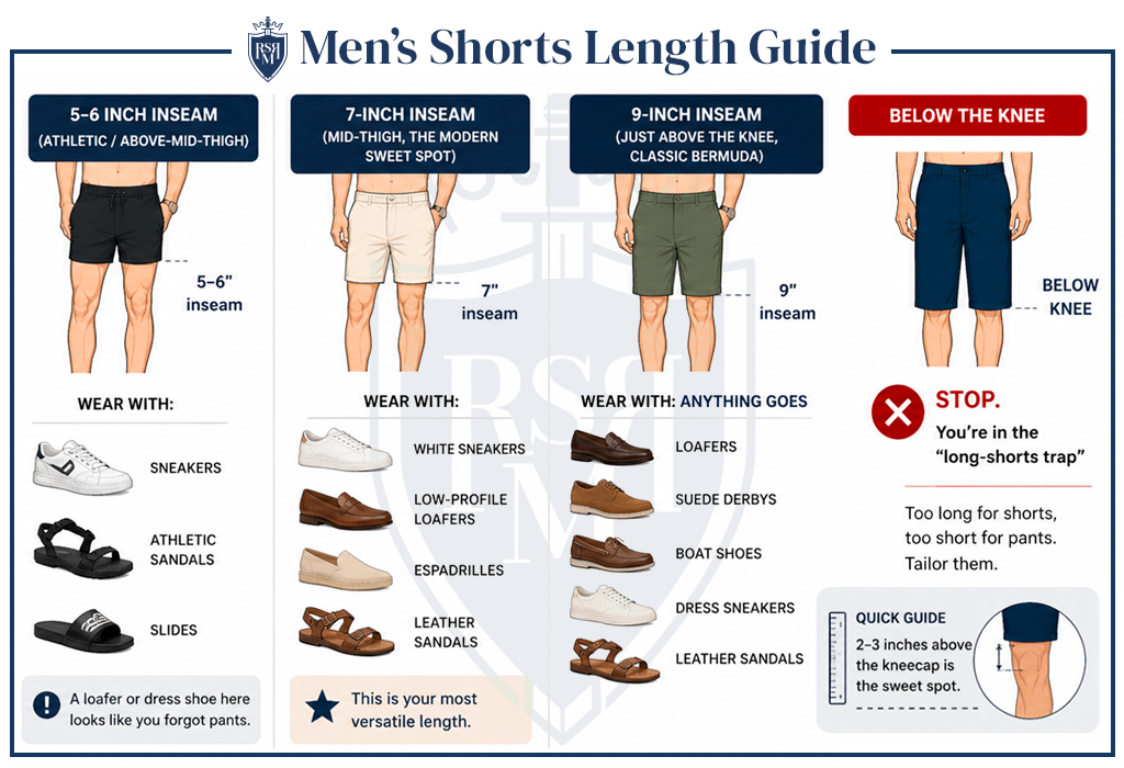 Men’s shorts length guide infographic showing inseam rules and matching shoe styles
