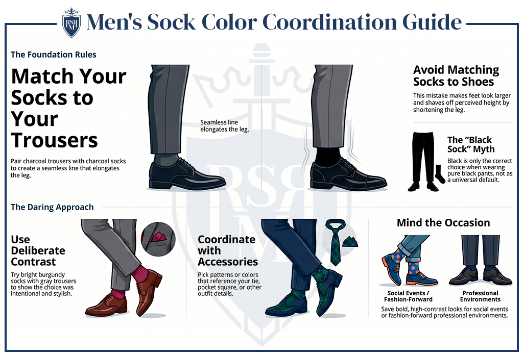 Illustration detailing men's sock color coordination, emphasizing matching socks to trousers, not shoes.